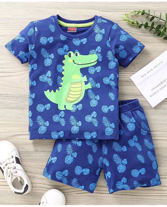 Babyhug Half Sleeves T-Shirt & Shorts Set Dino Print - Blue