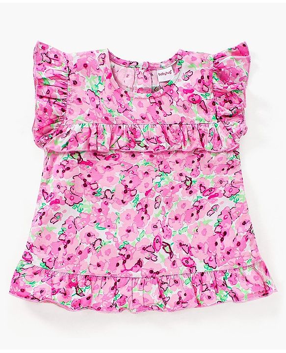 Babyhug Frill Sleeves Rayon Top With Floral Print- White