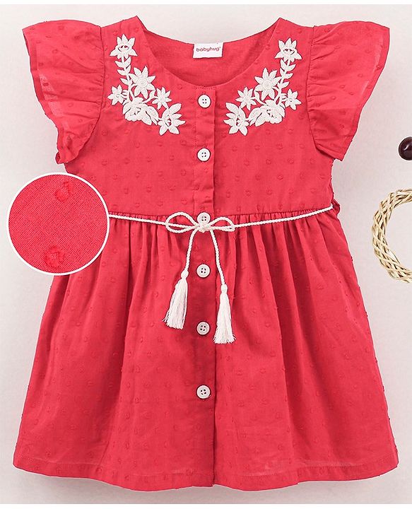 Babyhug 100% Cotton Cap Sleeves Floral Embroidered Frock - Red