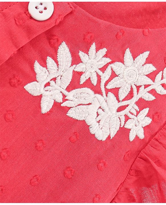 Babyhug 100% Cotton Cap Sleeves Floral Embroidered Frock - Red