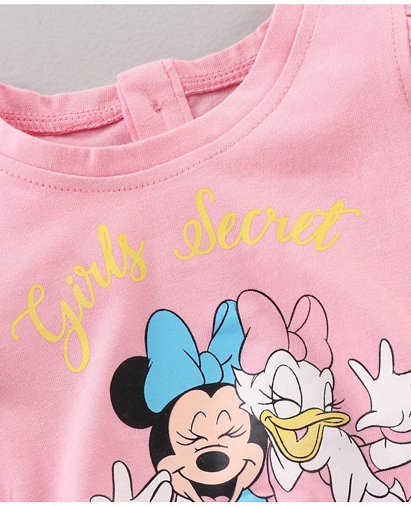Babyhug Cotton Frill Sleeves Cotton T-Shirt Travel Disney Print - Pink