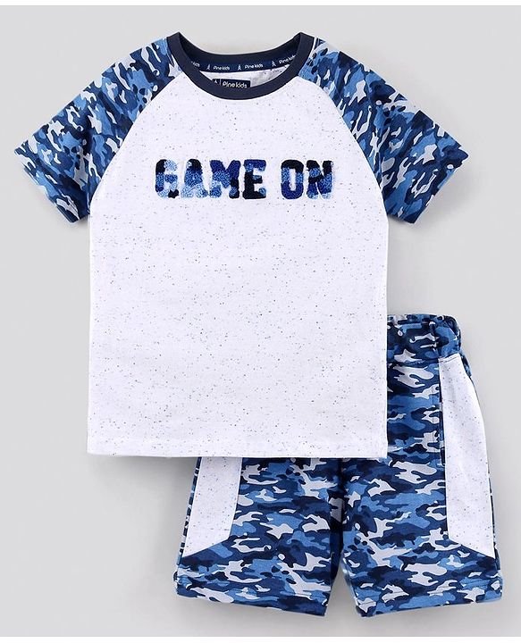 Pine Kids Half Sleeves Bio Washed Cotton T-Shirt With Knee Length Shorts Game On Embroidery And Camo Print - Blue Grey