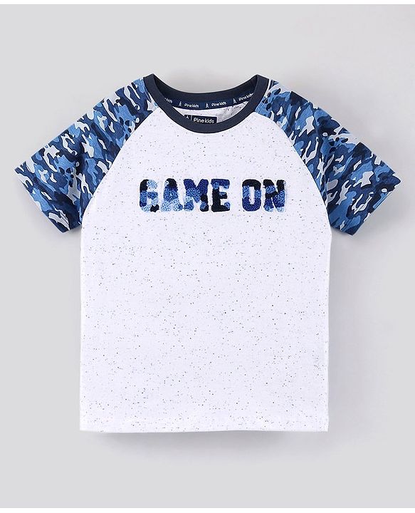 Pine Kids Half Sleeves Bio Washed Cotton T-Shirt With Knee Length Shorts Game On Embroidery And Camo Print - Blue Grey