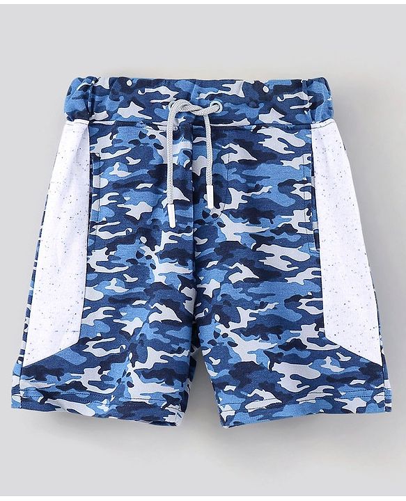 Pine Kids Half Sleeves Bio Washed Cotton T-Shirt With Knee Length Shorts Game On Embroidery And Camo Print - Blue Grey
