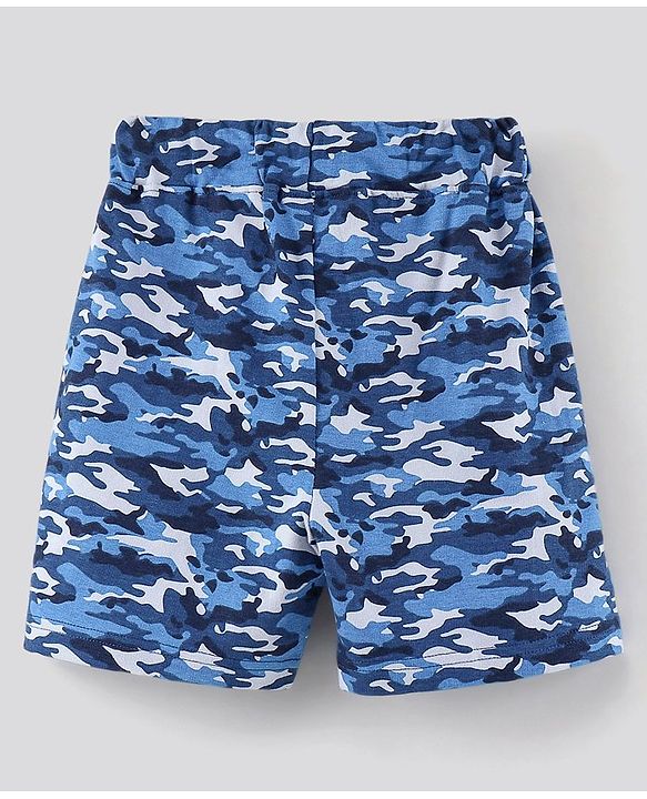 Pine Kids Half Sleeves Bio Washed Cotton T-Shirt With Knee Length Shorts Game On Embroidery And Camo Print - Blue Grey