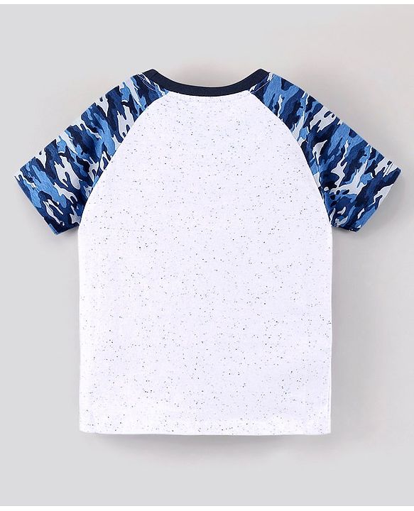 Pine Kids Half Sleeves Bio Washed Cotton T-Shirt With Knee Length Shorts Game On Embroidery And Camo Print - Blue Grey
