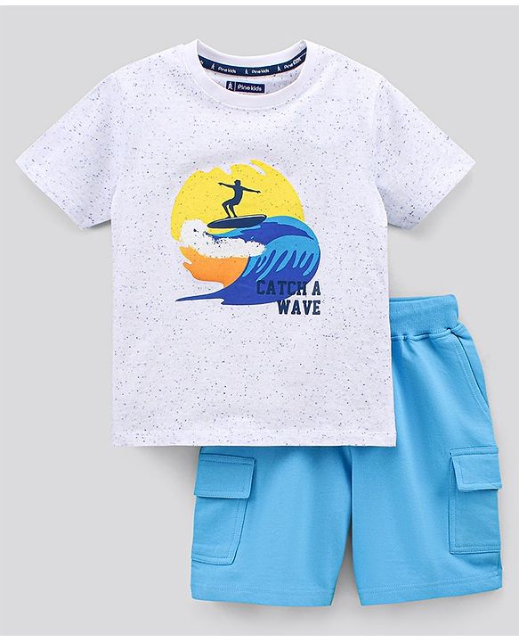 Pine Kids Half Sleeves Biowashed Cotton T-Shirt And Knee Length Shorts Set With Side Pockets Catch A Wave HD Print - White Blue