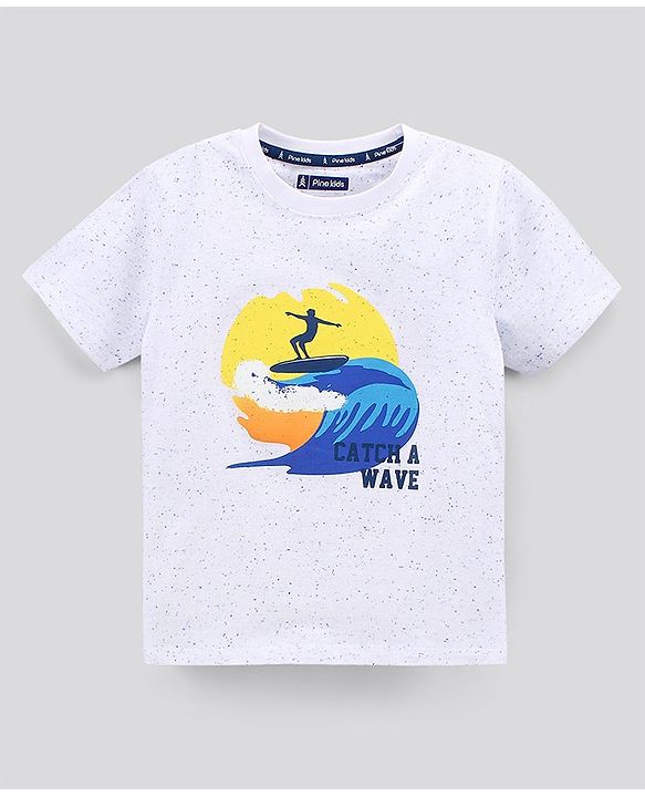 Pine Kids Half Sleeves Biowashed Cotton T-Shirt And Knee Length Shorts Set With Side Pockets Catch A Wave HD Print - White Blue