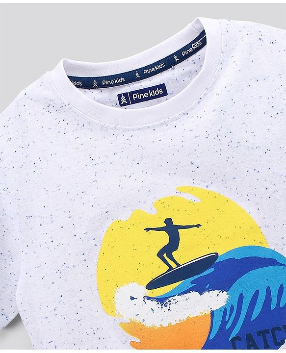 Pine Kids Half Sleeves Biowashed Cotton T-Shirt And Knee Length Shorts Set With Side Pockets Catch A Wave HD Print - White Blue