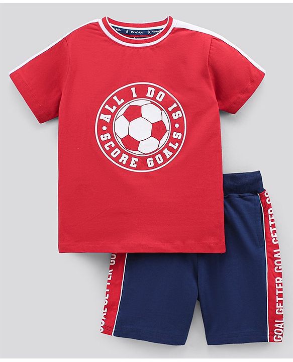 Pine Kids Half Sleeves Cotton T Shirt And Shorts Set Football Print - Red Blue