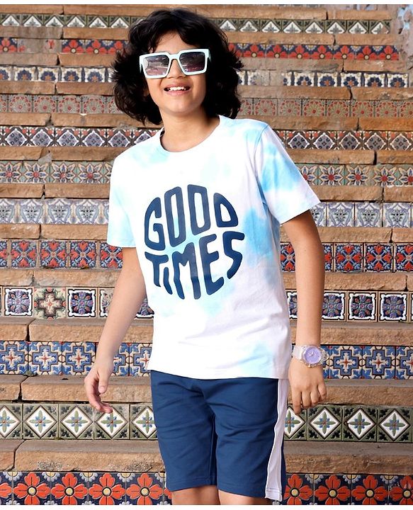 Pine Kids Half Sleeves Biowashed Cotton T-Shirt And Knee Length Shorts Set With Side Pockets Good Times HD Print - Blue