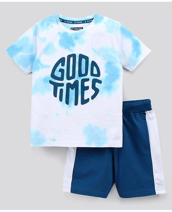 Pine Kids Half Sleeves Biowashed Cotton T-Shirt And Knee Length Shorts Set With Side Pockets Good Times HD Print - Blue