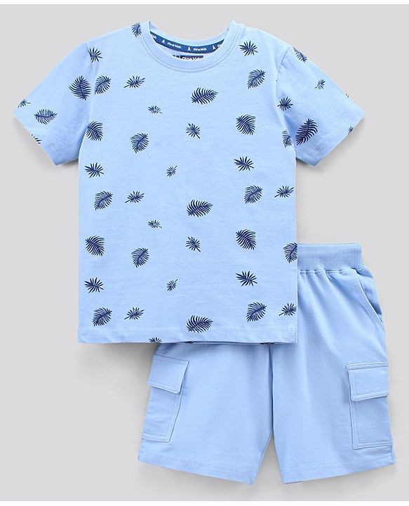 Pine Kids Bio Washed Half Sleeves T Shirt  and Shorts Set Leaf Print - Blue