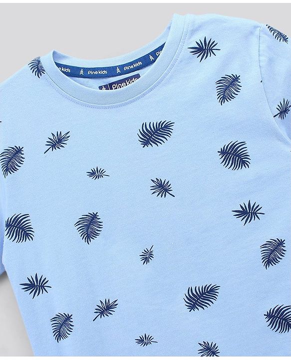Pine Kids Bio Washed Half Sleeves T Shirt  and Shorts Set Leaf Print - Blue