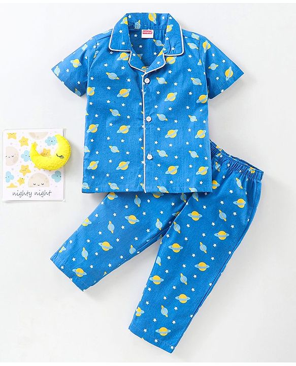 Babyhug Half Sleeves Woven Night Suit Stars & Planets Print - Navy