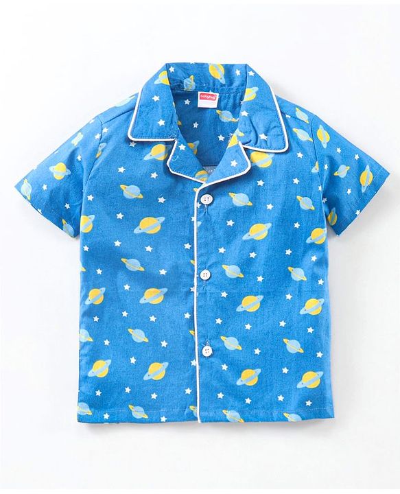 Babyhug Half Sleeves Woven Night Suit Stars & Planets Print - Navy
