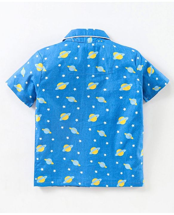 Babyhug Half Sleeves Woven Night Suit Stars & Planets Print - Navy