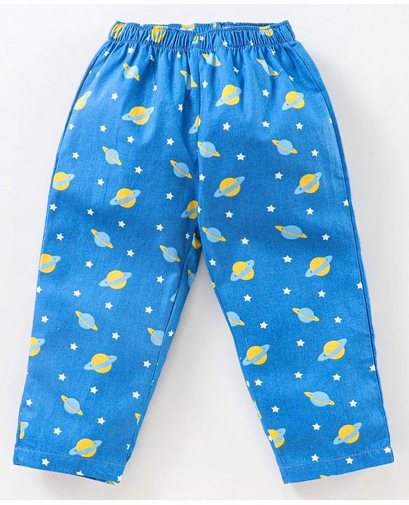 Babyhug Half Sleeves Woven Night Suit Stars & Planets Print - Navy