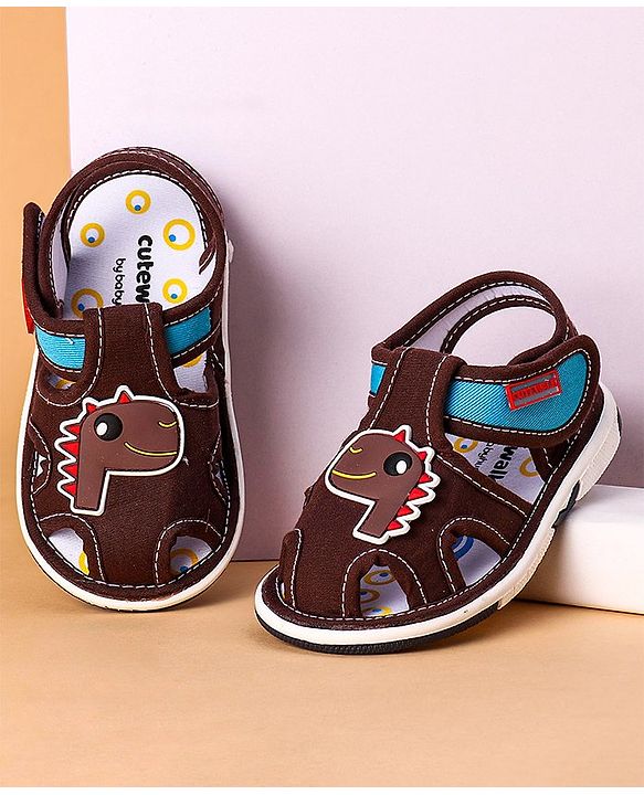 Cute Walk by Babyhug Open Toe Sandals with Velcro Closure Dino Patch - Coffee