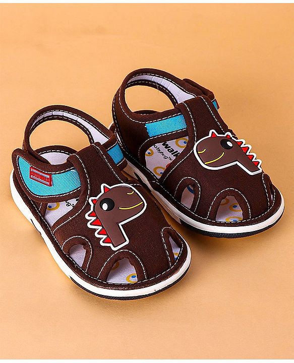 Cute Walk by Babyhug Open Toe Sandals with Velcro Closure Dino Patch - Coffee