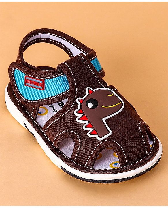 Cute Walk by Babyhug Open Toe Sandals with Velcro Closure Dino Patch - Coffee