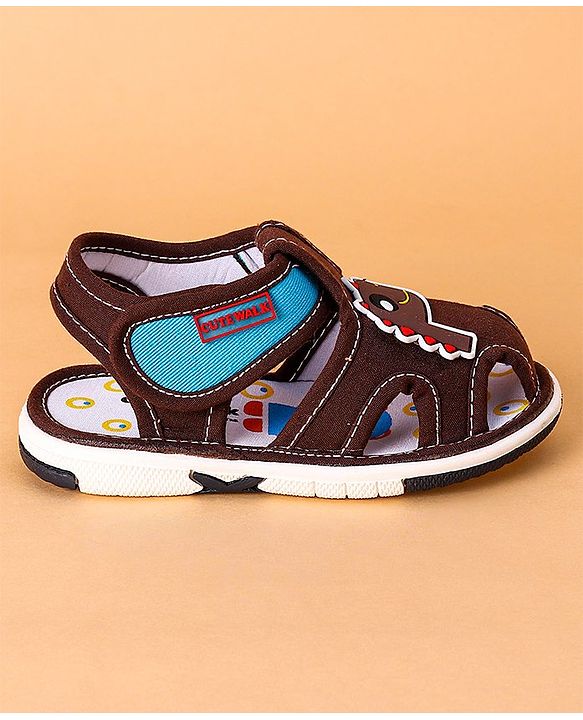 Cute Walk by Babyhug Open Toe Sandals with Velcro Closure Dino Patch - Coffee