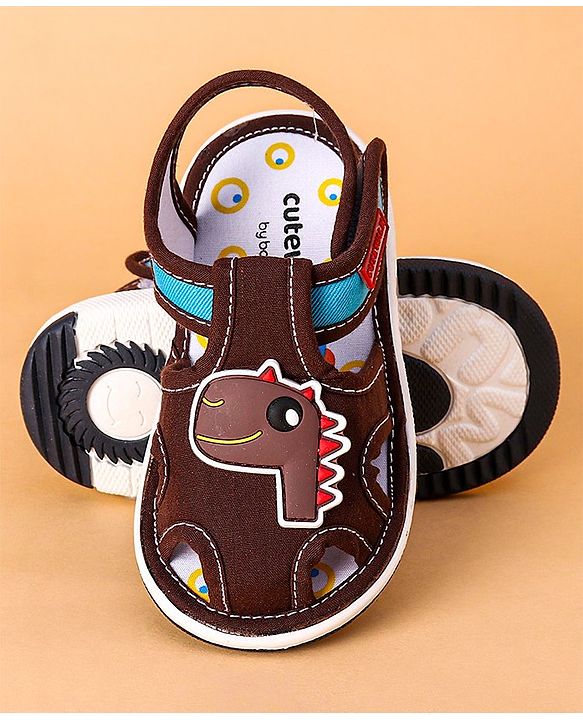 Cute Walk by Babyhug Open Toe Sandals with Velcro Closure Dino Patch - Coffee