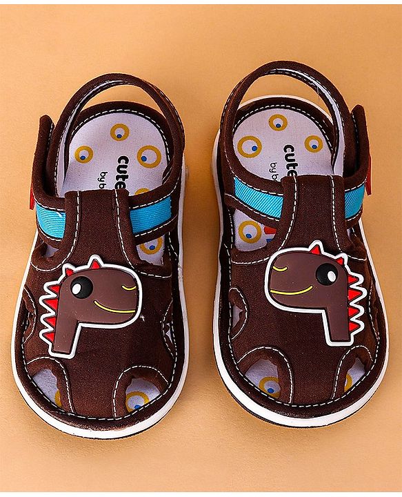 Cute Walk by Babyhug Open Toe Sandals with Velcro Closure Dino Patch - Coffee