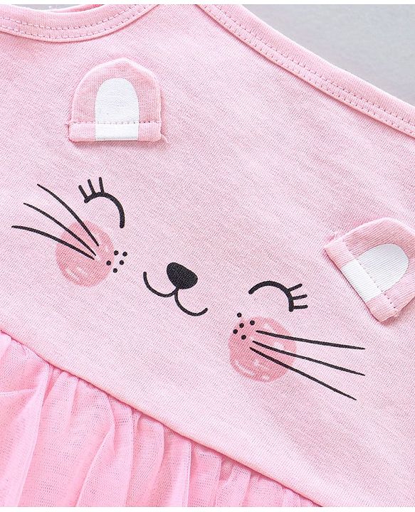 Babyhug 100% Cotton Singlet Sleeves Onesie Kitty Print with Net Detailing - Pink