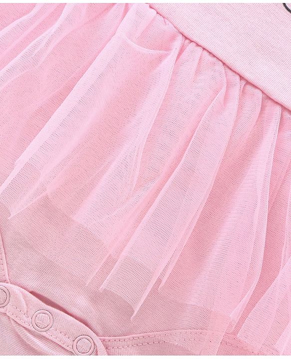 Babyhug 100% Cotton Singlet Sleeves Onesie Kitty Print with Net Detailing - Pink