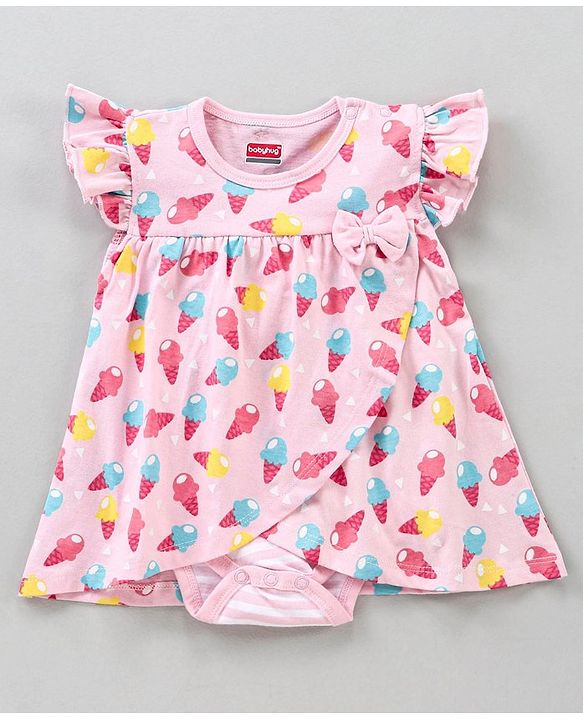Babyhug 100% Cotton Short Sleeves Frock Style  Onesie Ice Cream Print - Pink