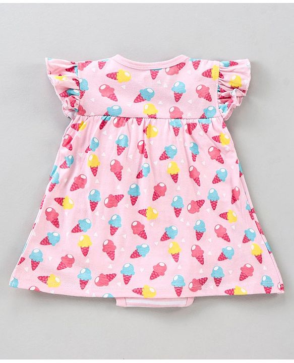 Babyhug 100% Cotton Short Sleeves Frock Style  Onesie Ice Cream Print - Pink