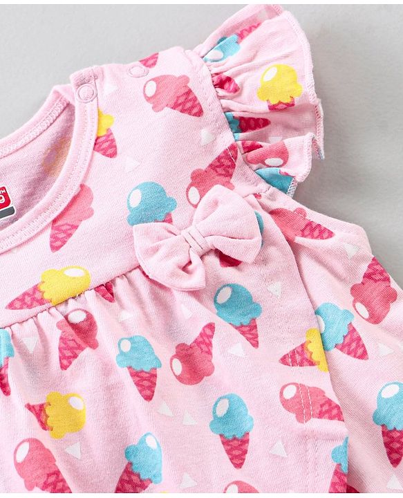 Babyhug 100% Cotton Short Sleeves Frock Style  Onesie Ice Cream Print - Pink