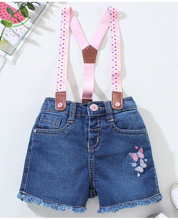 Babyhug Mid Thigh Washed & Embroidered Denim Shorts With Suspender - Blue