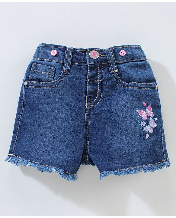 Babyhug Mid Thigh Washed & Embroidered Denim Shorts With Suspender - Blue