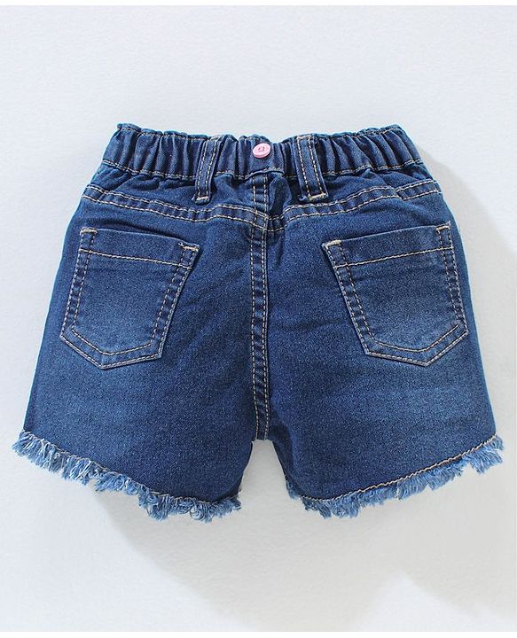 Babyhug Mid Thigh Washed & Embroidered Denim Shorts With Suspender - Blue