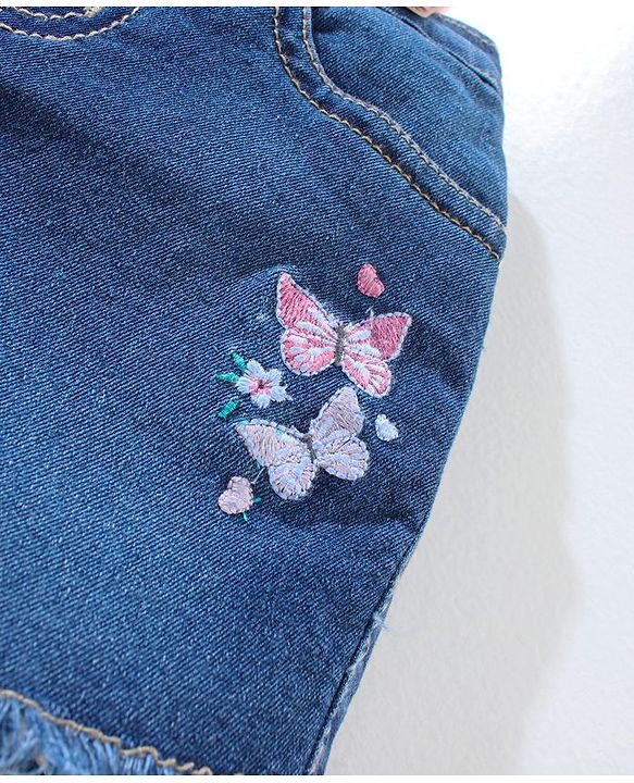 Babyhug Mid Thigh Washed & Embroidered Denim Shorts With Suspender - Blue