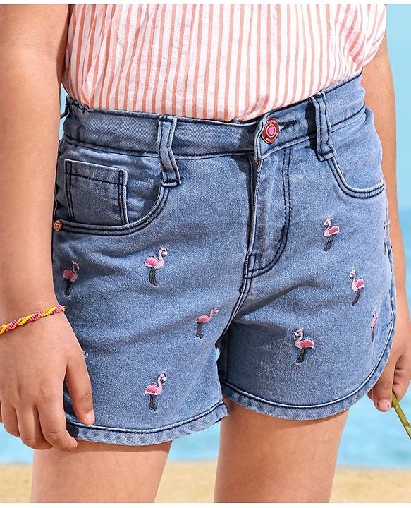 Babyhug Denim Shorts Flamingo Embroidery - Blue