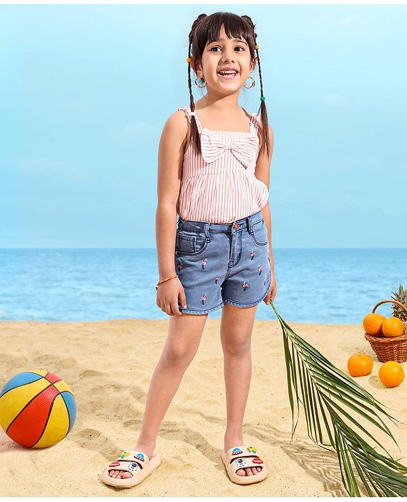Babyhug Denim Shorts Flamingo Embroidery - Blue