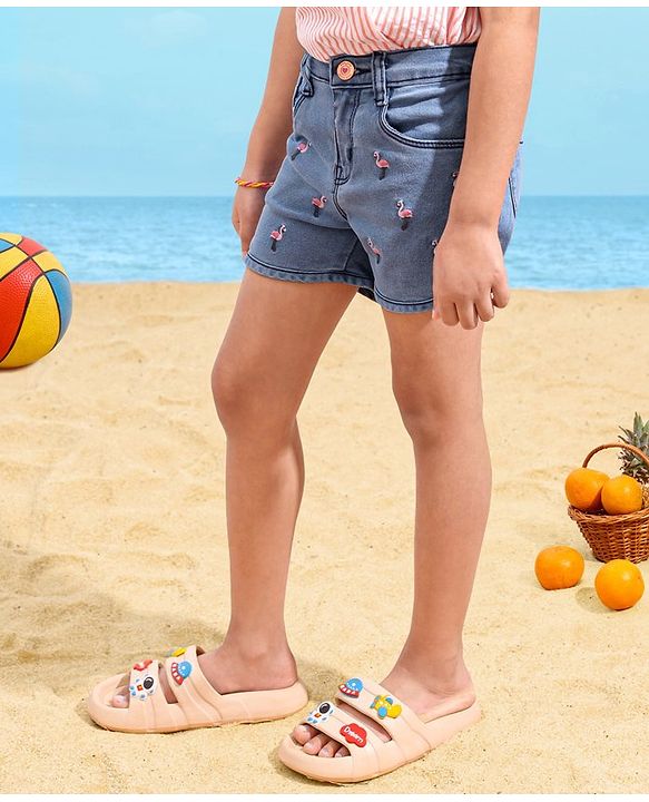 Babyhug Denim Shorts Flamingo Embroidery - Blue