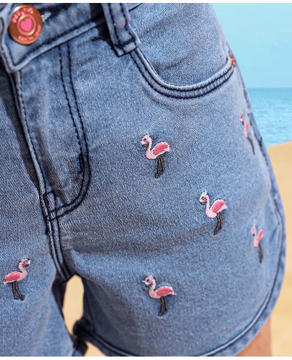 Babyhug Denim Shorts Flamingo Embroidery - Blue