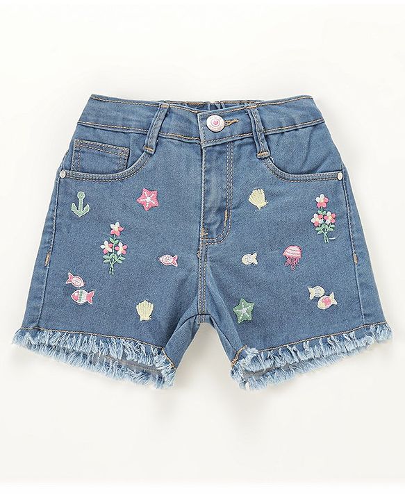 Babyhug Mid Thigh Washed & Embroidered Denim Shorts - Blue