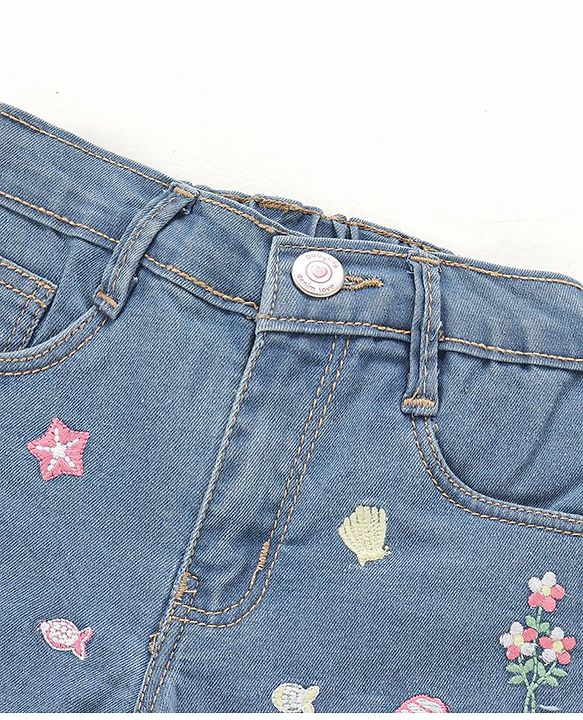 Babyhug Mid Thigh Washed & Embroidered Denim Shorts - Blue