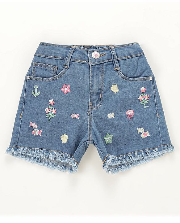 Babyhug Mid Thigh Washed & Embroidered Denim Shorts - Blue