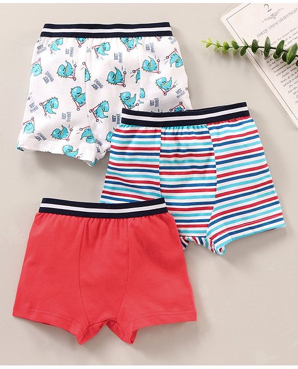 Babyhug 100 % Cotton Dino Print & Striped Briefs Pack Of 3 - Red & White