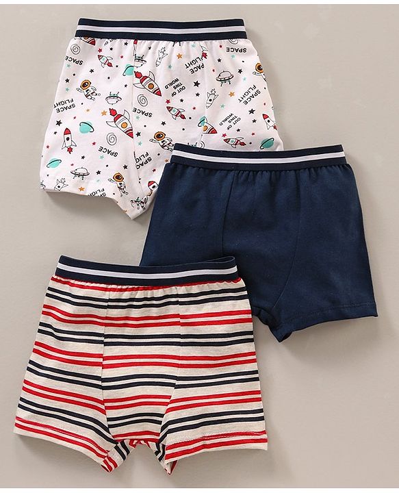 Babyhug 100% Cotton Striped Briefs Space Print Pack of 3 - White Navy