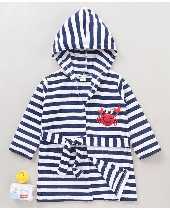 Babyhug Cotton Knit Hooded Bathrobe With Waist Belt Stripes - Blue
