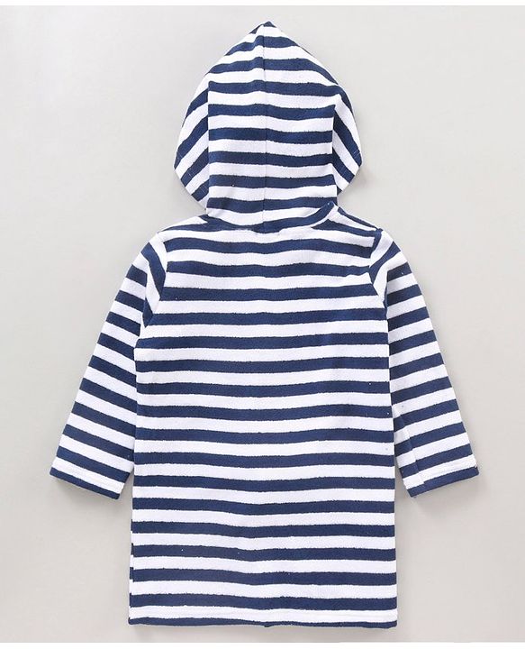 Babyhug Cotton Knit Hooded Bathrobe With Waist Belt Stripes - Blue