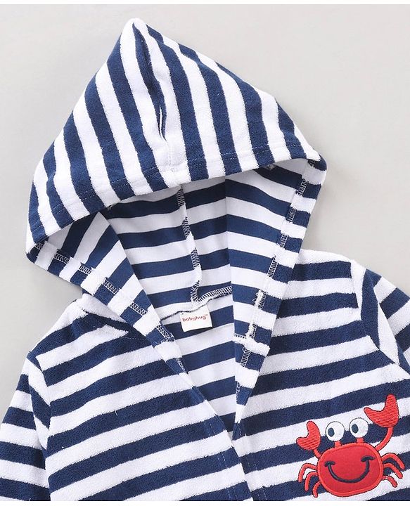 Babyhug Cotton Knit Hooded Bathrobe With Waist Belt Stripes - Blue