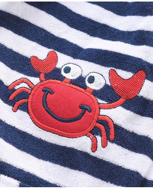 Babyhug Cotton Knit Hooded Bathrobe With Waist Belt Stripes - Blue